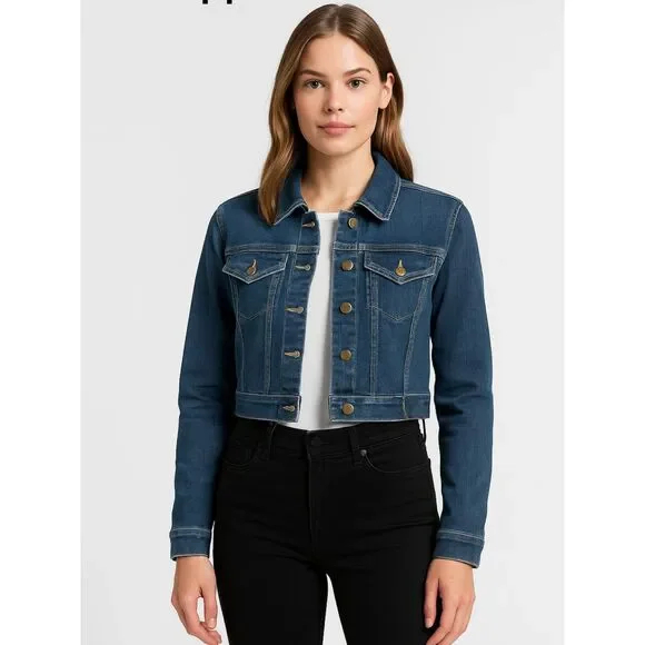 Calvin Klein Women’s Cropped Denim Jacket Blue Stretch Jean Size L - Picture 2 of 11